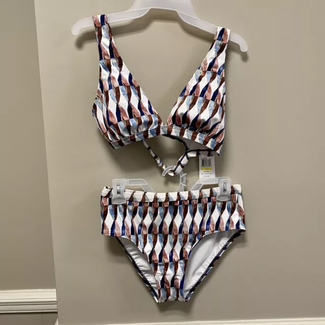 Splendid Geometric Print Bikini 👙 Sz M NWT White Blue & Brown