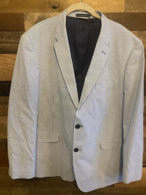 Tommy Hilfiger Blazer Jacket 44 R Men Blue White Striped Two Button Sport Coat