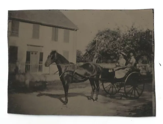 TINTYPE-GIRLS & HORSE DRAWN CARRIAGE-2 1/2 X 3 3/8-c1900-UNCASED-BUGGY