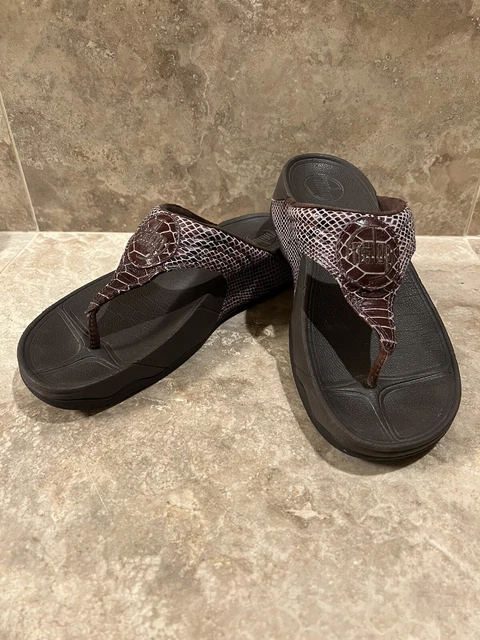 FitFlop Walkstar  Wedge Sandals Flip Flop Comfort Thong Slides  Brown Snake SZ 9