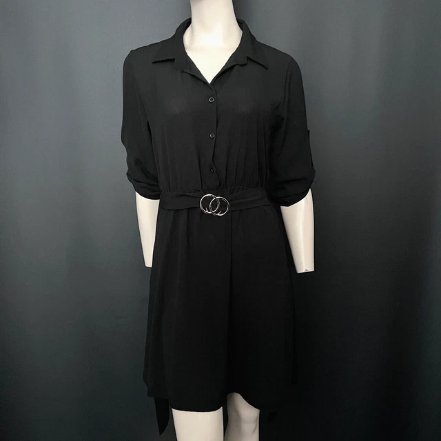 Boohoo Dress 12 Womens Black Plain Belted Casual Button Down Turn Up Sleeves