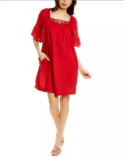 Max Studio Embroidered Rayon Dobby Ruffle Shift Dress Mexican Red XL $138