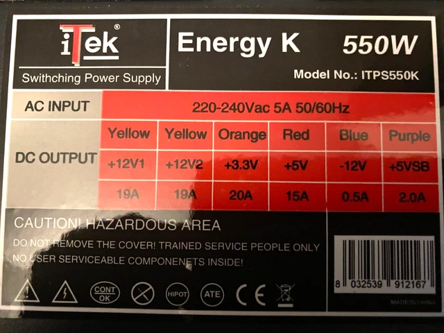 ALIMENTATORE per Case PC ITEK  ITPS550K ATX 550 WATT NERO con cavo alimentazione