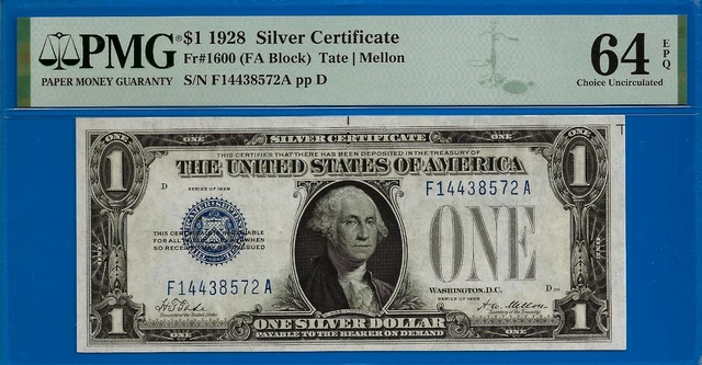 FR-1600 ✅ 1928 $1 S/C (( Blue Seal 🔴 FA Block )) PMG 64EPQ # F14438572A