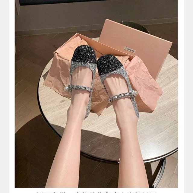 French Retro Thick Heel Shoes Small Fragrant Pearl Chain Flat Single Shoes Women