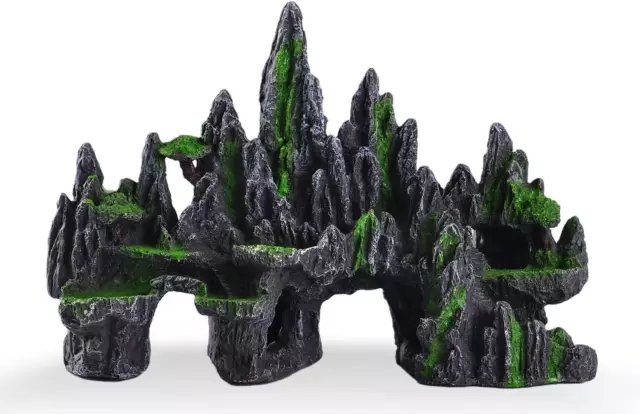 Large Fish Tank Decorations - Mountain View Aquarium Ornament with Tree House