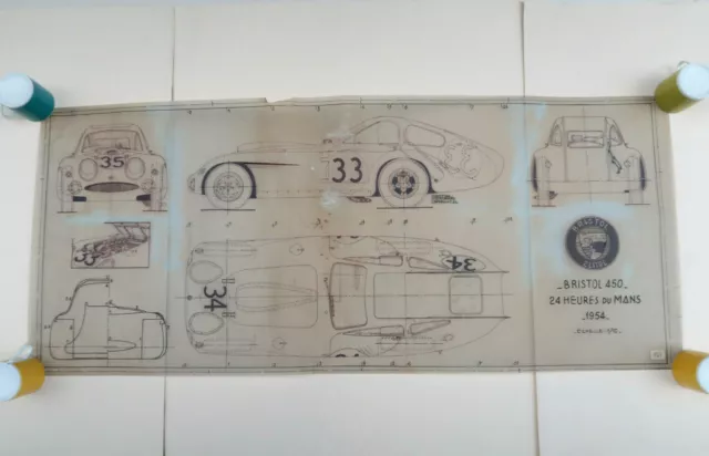 Bristol 450 Le Mans 1954 Dessin ORIGINAL Ch. Tavard 88x38Cm Automobilia 1966