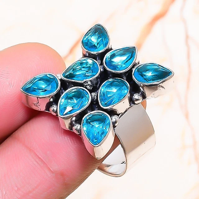 Swiss Blue Topaz Gemstone Handmade Gift Jewelry Ring Size 8.5 C443