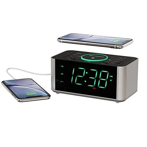 Emerson Alarm Clock Radio and QI Wireless Charger with Bluetooth with iPhone ...