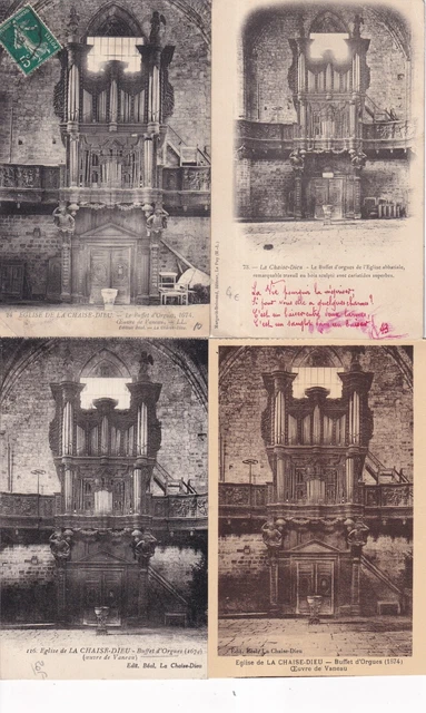 Lot de 4 cartes postales anciennes postcards LA CHAISE-DIEU église buffet orgues