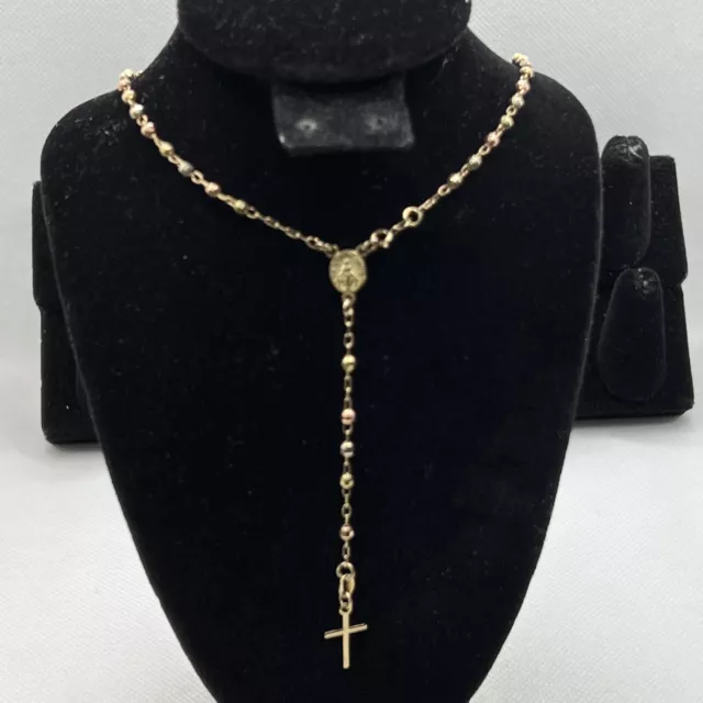 10K Tricolor Gold Rosary Catholic Chain Necklace with Cross Charm Pendant 5.5gr.