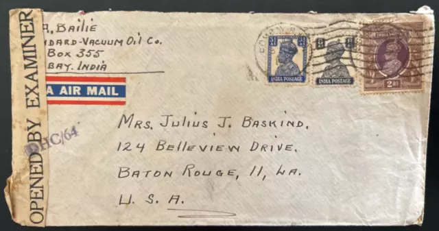 Bombay India Wwii Airmail Regd Censor Cover To Baton Rouge La Usa