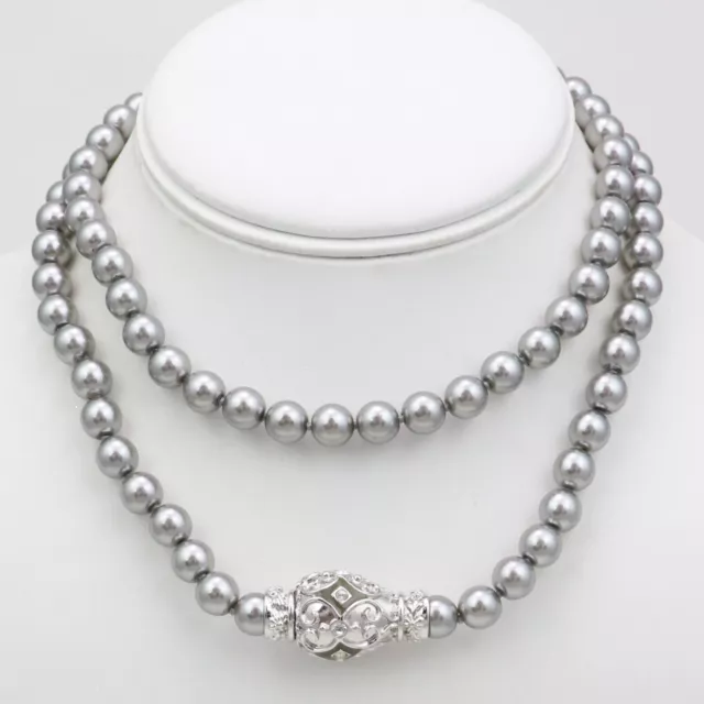 Joan Rivers Silver Grey Faux Pearl Faberge Egg Rhinestone Enamel Clasp Necklace