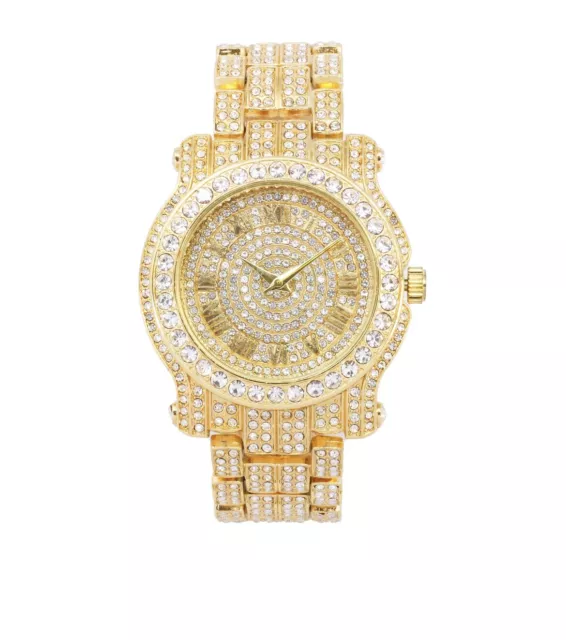 Mens Icy Metal Band Watch with Diamond Roman Dial and Simulated Diamonds - Gold