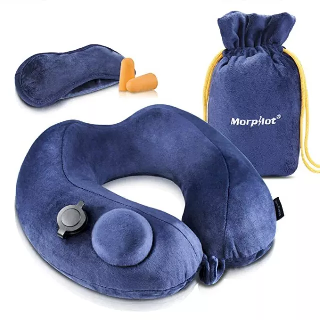 Morpilot Inflatable Travel Pillow Eye Mask Ear Plugs Bag New in Box NIB AIRPLANE
