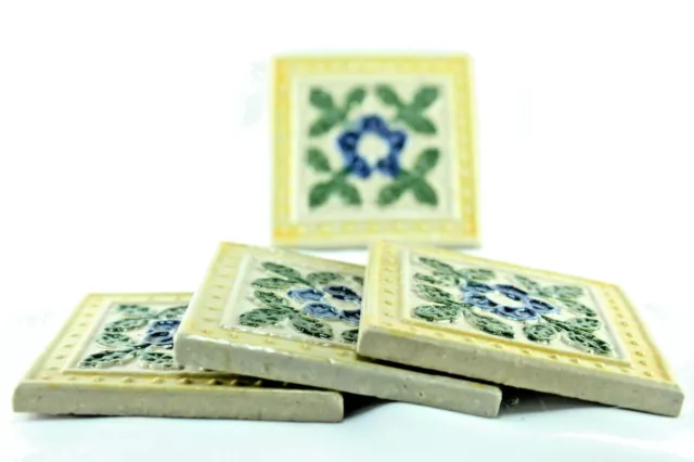 Antique Ceramic Tile Vintage Victorian Majolica Art Floral Small Tiles 4 Pcs Set
