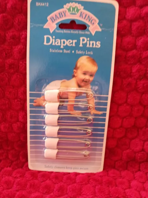 Baby King 6 Baby Diaper Pins Vintage. Safety closures. NEW OS 1991