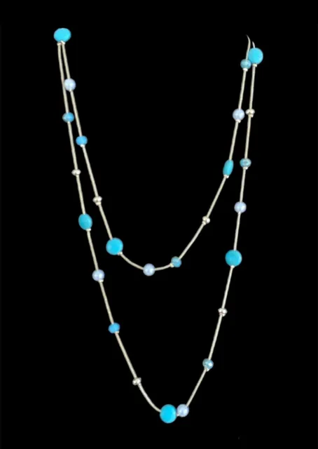 Collier Long en Pierre Turquoise, Fausses Perles, petites perles dorées
