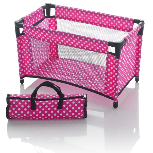 Molly Dolly Dolls Toy Travel Cot Bed Crib & Bedding With Storage Bag Pink Polka