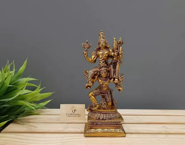 Hindu God Lord Vishnu Laxmi Idol Murti on Garuda Sculpture Statue Figurine