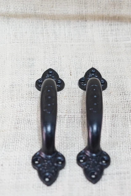 2 Large Cast Iron Antique Style Door Handles Gate Pull Shed Drawer Pulls Black 3