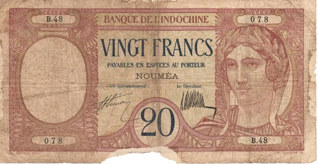 New Caledonia (Noumea) 20 Francs ca. 1929 Well Circulated Banknote Paper Money