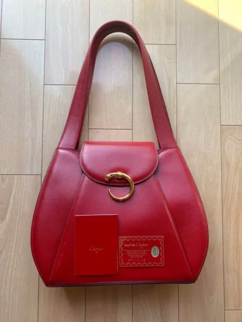 Cartier Panther Shoulder Panther Tote Hand Bag Red Leather Woman's From Japan