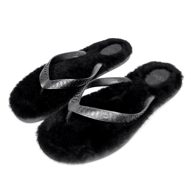 UGG Fluffie Flip Flop Thong Sandals Black Flat Rubber w/ Sheepskin Womens 8 NWT