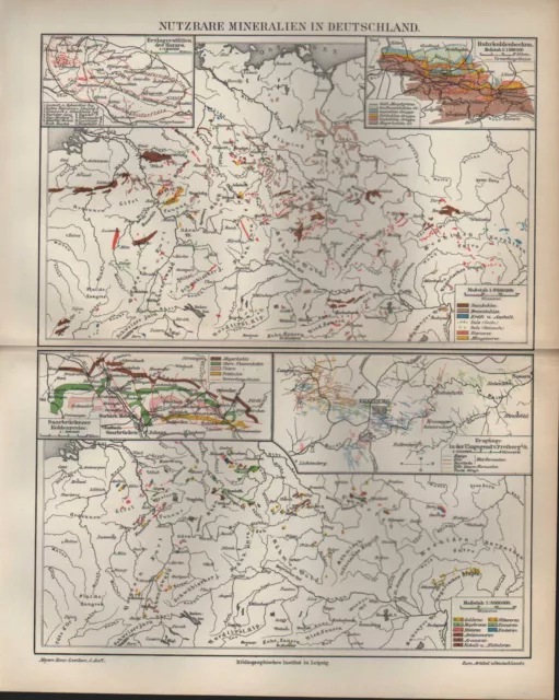 Landkarte map 1895: NUTZBARE MINERALIEN IN DEUTSCHLAND. Maßstab: 1 : 6.600 000