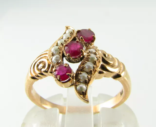 Unusual 9K 9Ct Rose Gold Ruby Pearl Wave Cluster Art Deco Ins Ring Free Resize