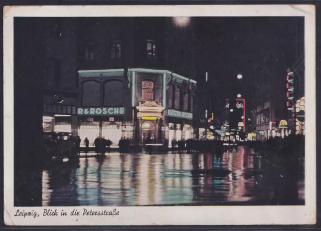 63531) seltene AK Leipzig Blick in die Petersstraße bei Nacht 1939