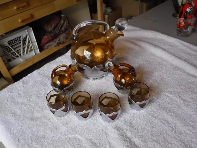7 Pc Art Deco FARBER BROS / Cambridge? Amber Set - Pitcher, Tumblers, Cruets