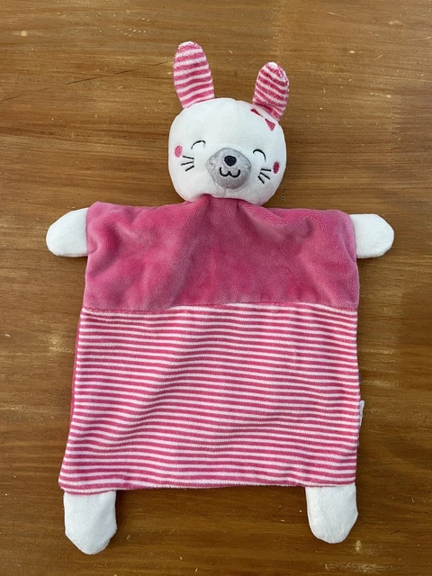 Lo/Doudou Plat Mots D'enfants Chat Lapin Rose Raye Blanc Nez Gris
