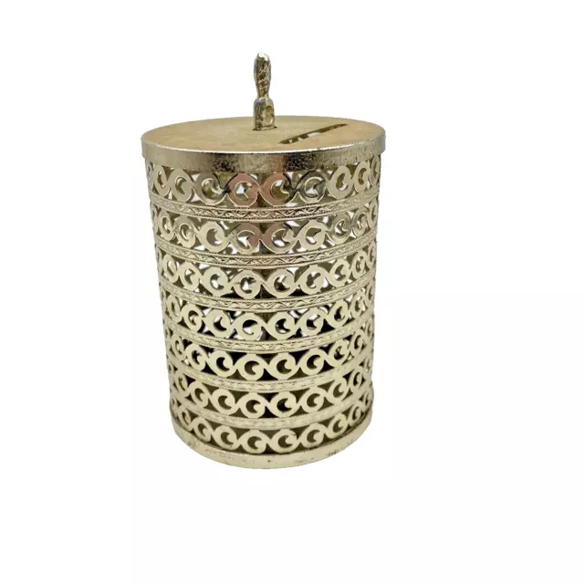 Filigree Metal Gold Round Lidded Box Cover MCM Hollywood Regency Bathroom Decor