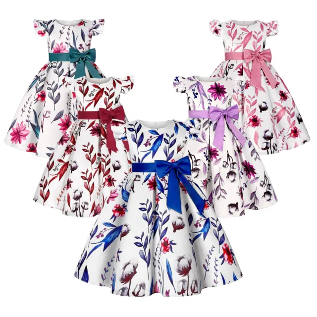 Little Girl A-Line Dress Bowknot Fly Sleeve Floral Dresses Wedding Birthday Gown