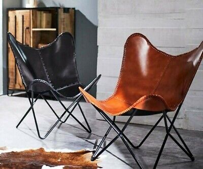 Handmade Vintage Real Leather Butterfly Relax Arm Chair Sleeper Seat Folding 2pc