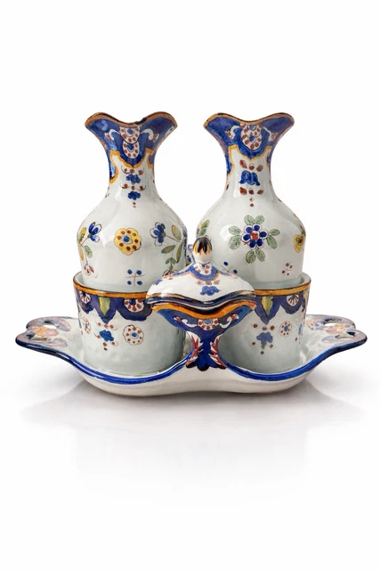 TRES ANCIEN HUILIER VINAIGRIER FAIENCE POLYCHROME 18 ème NEVERS FORGES