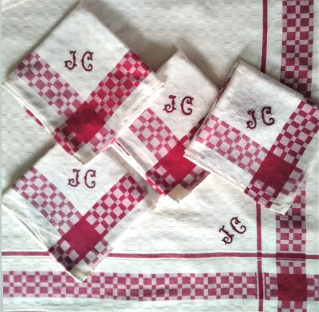 Linge Ancien Nappe Et Serviettes Carreaux Rouge Ecru Campagne Chic Monogramme Jc