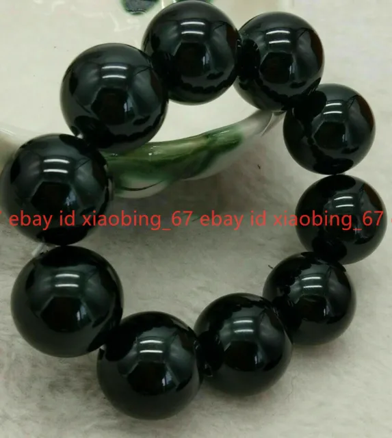 18mm 20mm Natural Black Agate Onyx Gemstone Round Beads Elastic Bracelets 7.5''