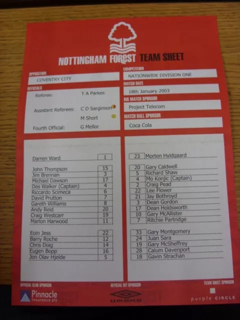 18/01/2003 Colour Teamsheet: Nottingham Forest v Coventry City  (Folded). Thanks