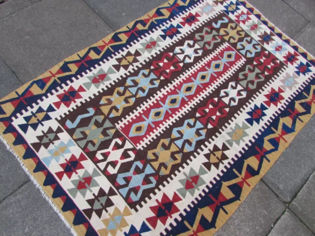 Fein Vintage Handgemacht Türkischer Brown Blau Rot Wolle Kelim Teppich 173x114cm 2