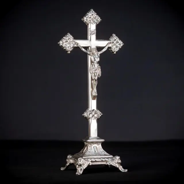 Crucifix Altar | Standing Cross | Antique Jesus Christ Angels Silvered | 15.7"_