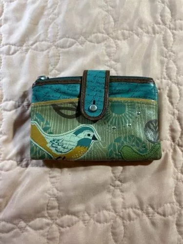 Fossil Leather Bird Teal Small Wallet zip pouch credit card slots