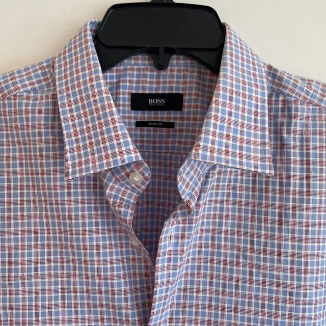Hugo Boss Shirt Mens 16 1/2 - 34/35 Sharp Fit Long Sleeve Red Blue Plaid Check