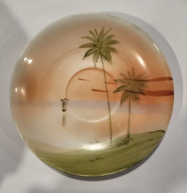 Hand Painted Nippon Bowl Beautiful Nature Scene Palm Trees Bamboo