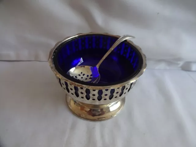 Vintage EPNS Silver Plate Sugar Bowl Cobalt Blue Glass Liner Sugar Sifter Spoon