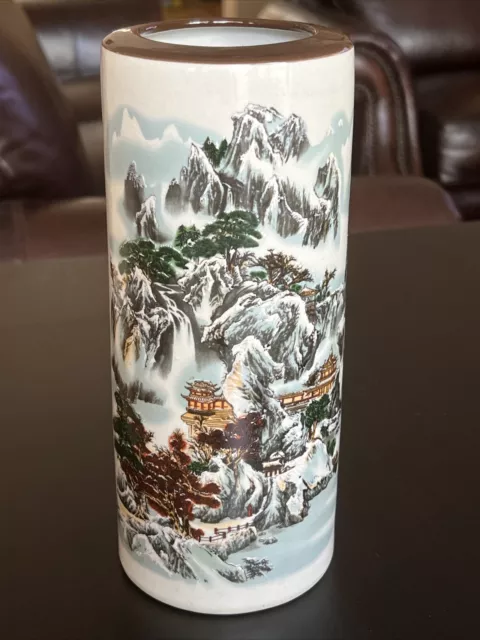 Old Oriental porcelain color Hand Painted landscape jar pots Pen holder 9 1/8”