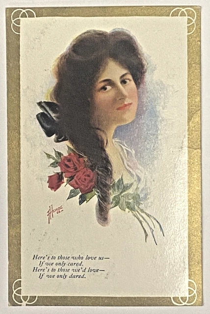 VINTAGE 1908 POSTCARD Beautiful Woman Roses Poem Artist Signed Gold ...