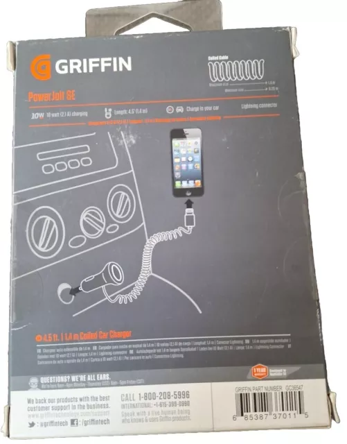 Griffin PowerJolt SE  10W 4.5" Coiled Car Charger built-in Cable for iPhone 2