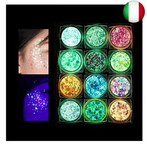 Fluorescente Paillettes per Corpo,Set Glitter Iridescent 12 Colori, Kit Polvere